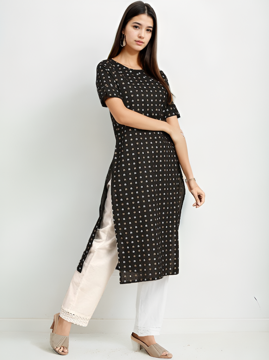 Tong Women Black & White Pure Cotton Ethnic Motifs Printed Kurta