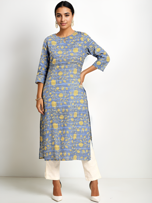 Tong Women Blue & Yellow Pure Cotton Floral Printed Keyhole Neck Floral Kurta