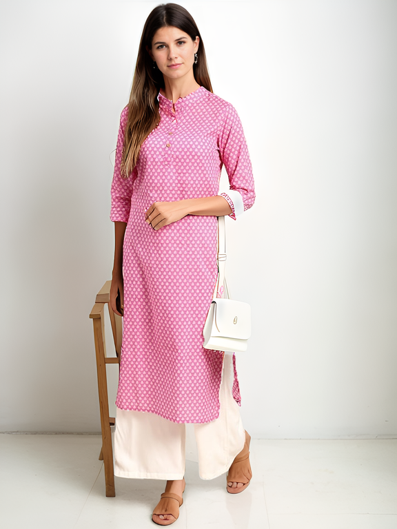 Tong Women Pink & White Ethnic Motifs Printed Cotton Kurta