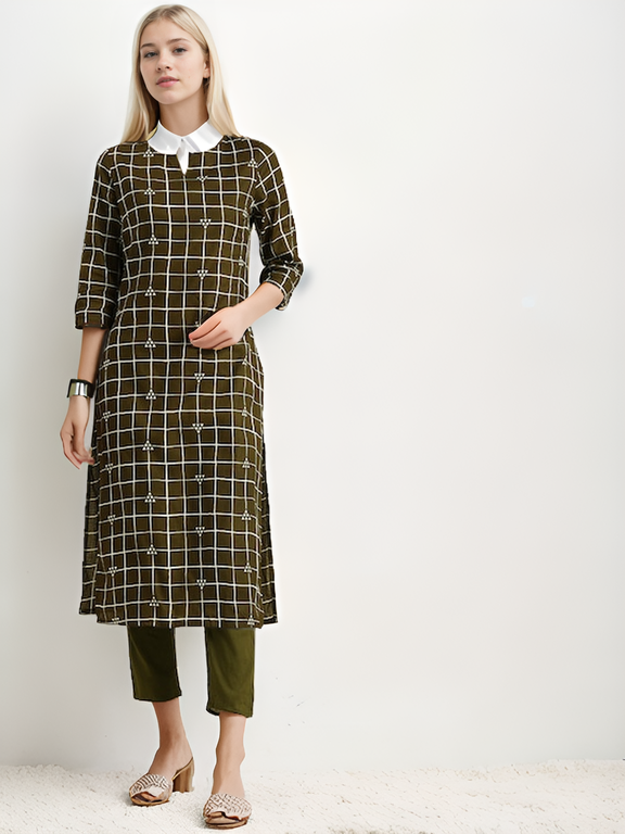 Tong Women Olive Green & White Checked Printed Pure Cotton Kurta with Trousers