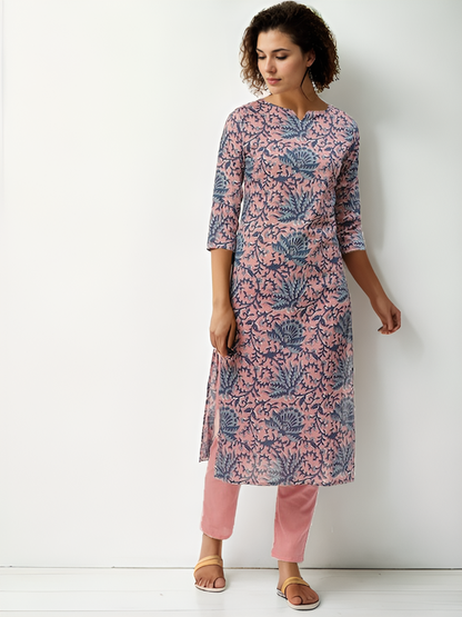 Tong Women Pink & Navy Blue Ethnic Motifs Printed Pure Cotton Kurta with Trousers