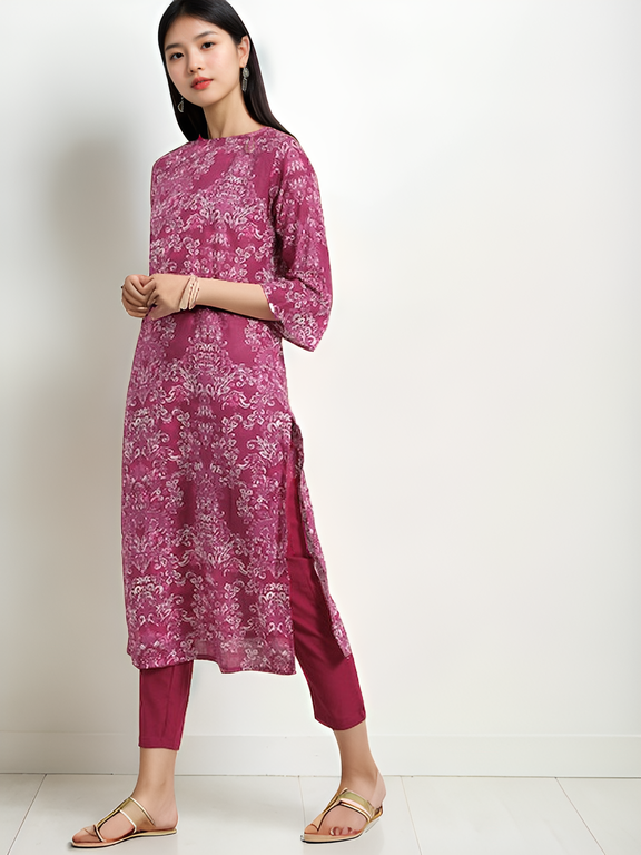 Tong Women Pink Ethnic Motifs Printed Regular Pure Cotton Kurta with Trousers