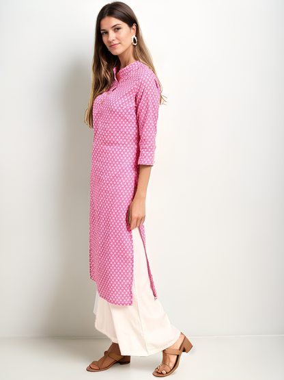 Tong Women Pink & White Ethnic Motifs Printed Cotton Kurta