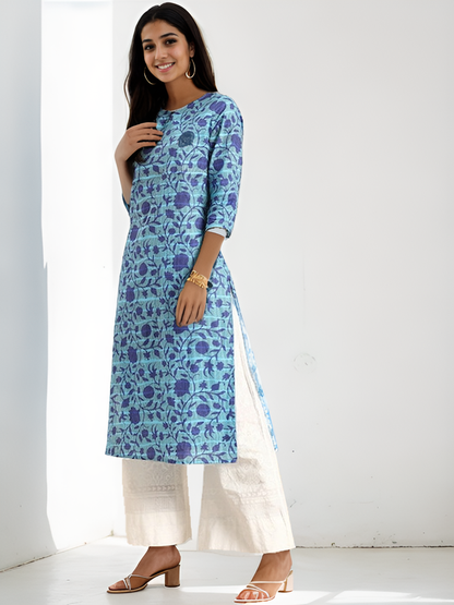 Tong Women Blue Floral Printed Pure Cotton Straight Kurta