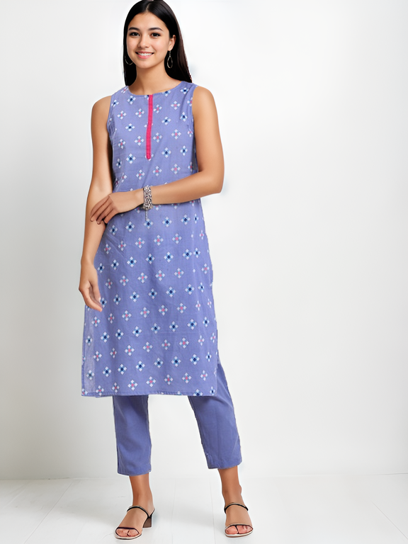 Tong Women Geometric Printed Pure Cotton Kurta with Trousers