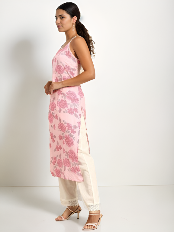 Tong Floral Printed Pure Cotton Shoulder Straps Kurta