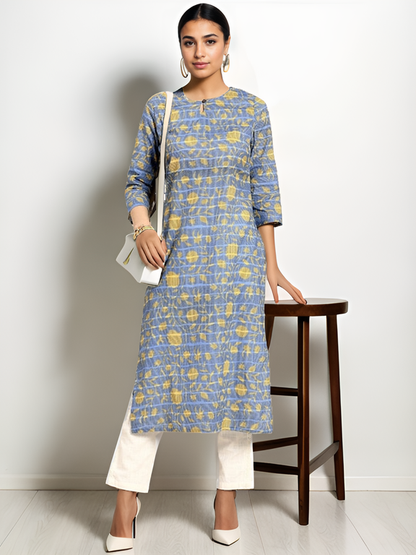 Tong Women Blue & Yellow Pure Cotton Floral Printed Keyhole Neck Floral Kurta