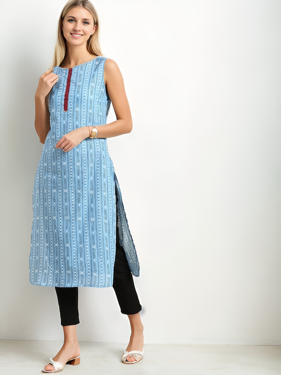 Tong Women Blue & White Geometric Printed Pure Cotton Sleeveless Kurta