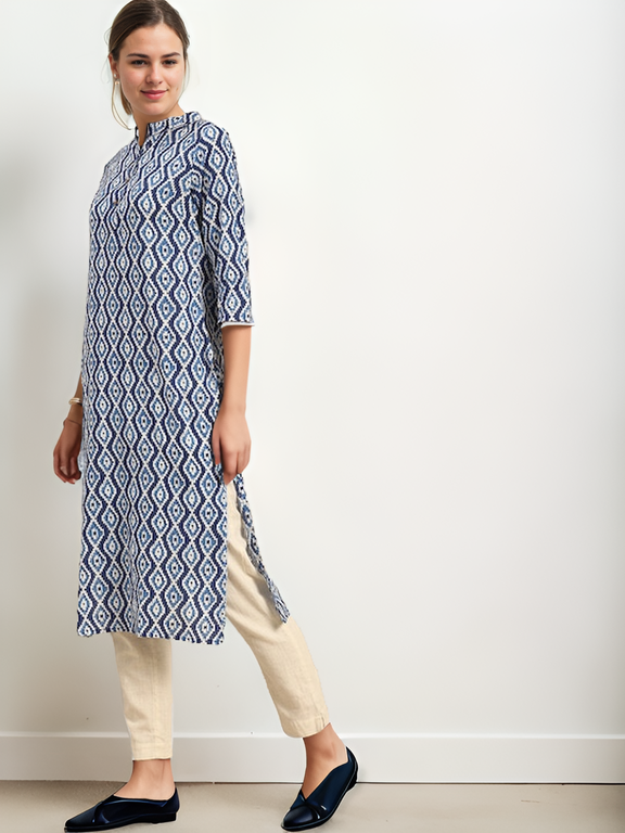 Tong Women Blue & White Ethnic Motifs Printed Kurta