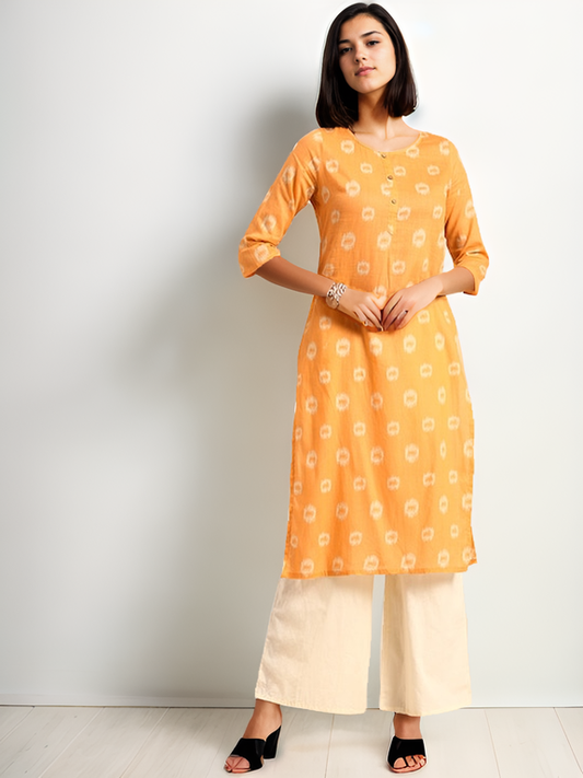 Tong Women Yellow Ikat Casual Kurta