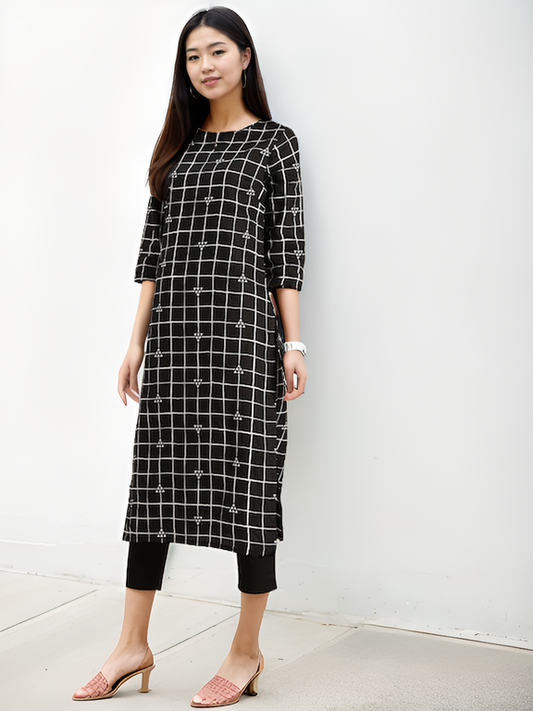 Tong Women Black And White Checked Pure Cotton Kurta with Cropped Trousers