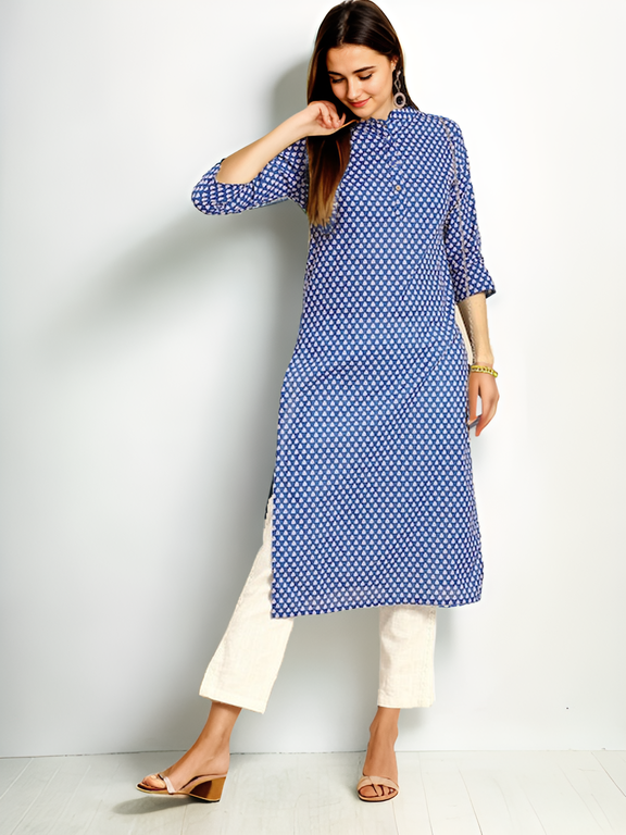 Tong Women Blue & White Printed Kurta