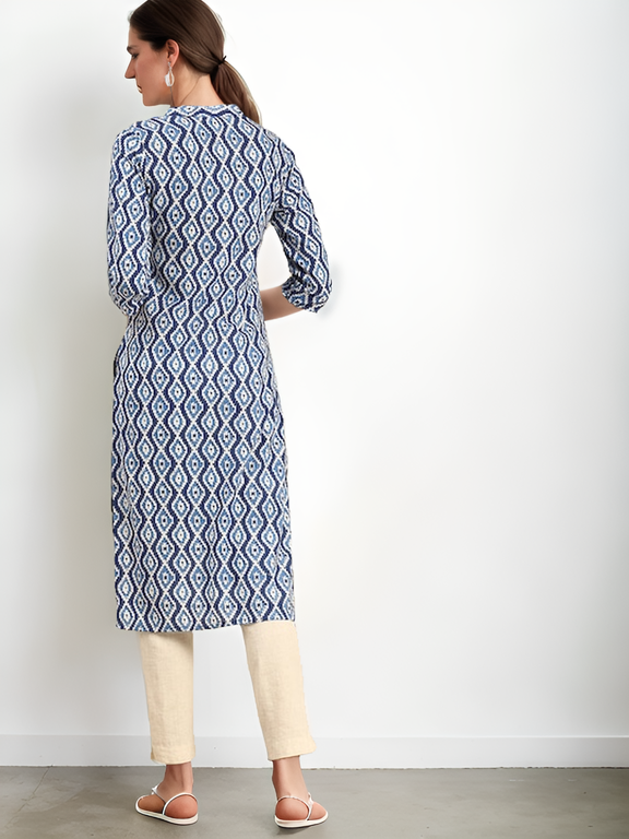 Tong Women Blue & White Ethnic Motifs Printed Kurta