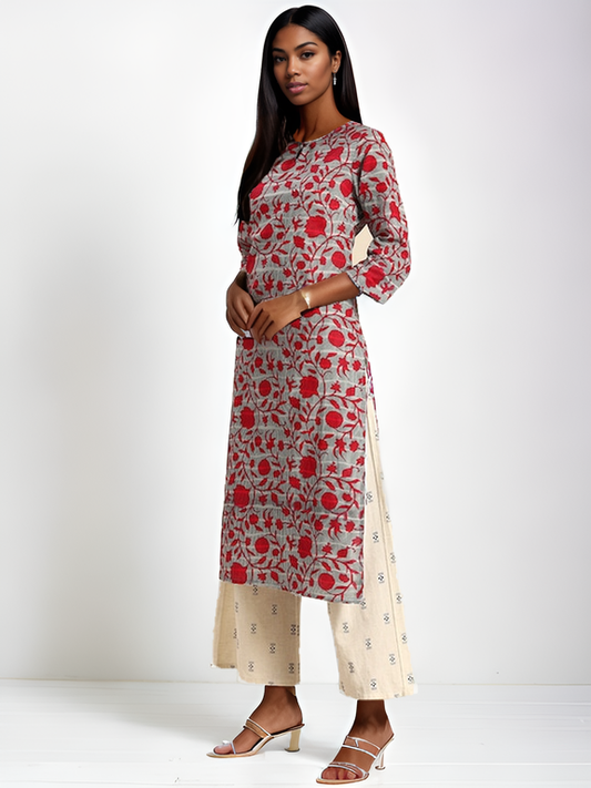 Tong Women Red & Grey Floral Printed Pure Cotton A-Line Kurta