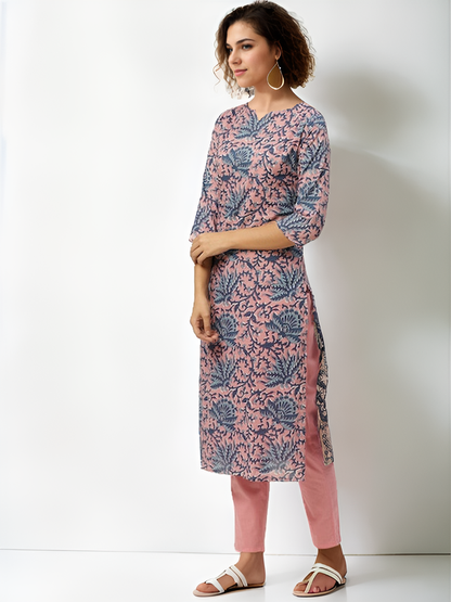 Tong Women Pink & Navy Blue Ethnic Motifs Printed Pure Cotton Kurta with Trousers