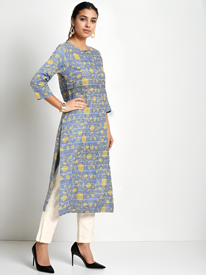 Tong Women Blue & Yellow Pure Cotton Floral Printed Keyhole Neck Floral Kurta