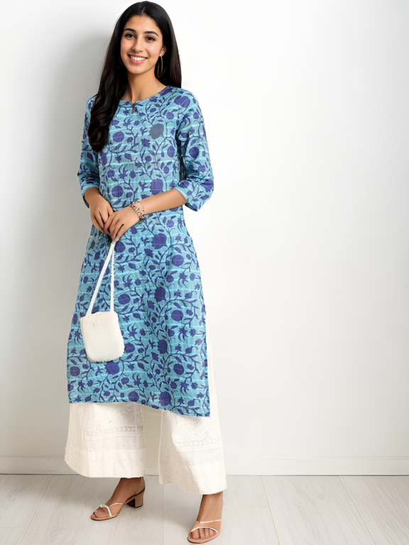 Tong Women Blue Floral Printed Pure Cotton Straight Kurta