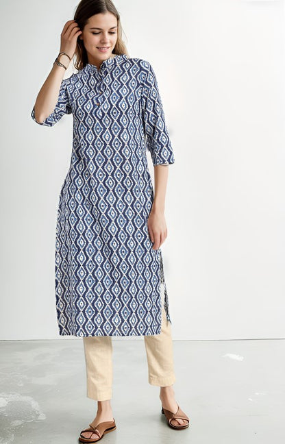 Tong Women Blue & White Ethnic Motifs Printed Kurta