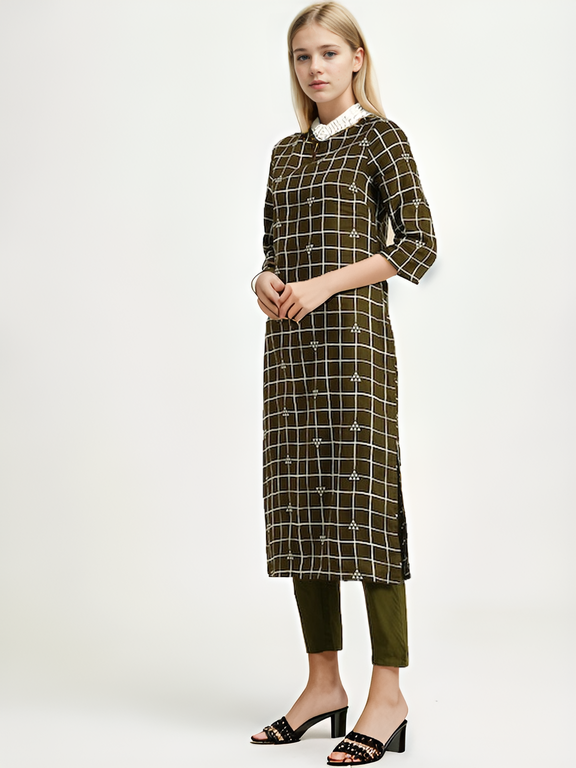 Tong Women Olive Green & White Checked Printed Pure Cotton Kurta with Trousers