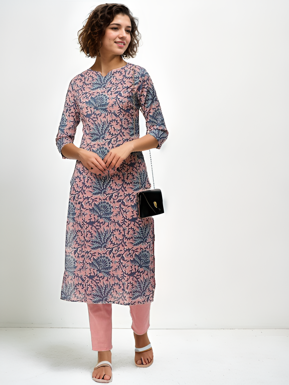 Tong Women Pink & Navy Blue Ethnic Motifs Printed Pure Cotton Kurta with Trousers