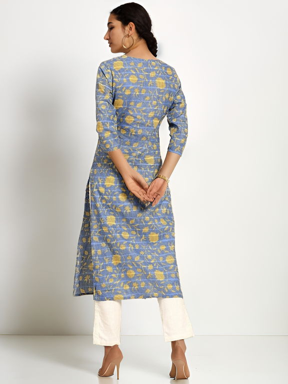 Tong Women Blue & Yellow Pure Cotton Floral Printed Keyhole Neck Floral Kurta