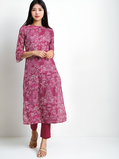 Tong Women Pink Ethnic Motifs Printed Regular Pure Cotton Kurta with Trousers