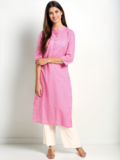 Tong Women Pink & White Ethnic Motifs Printed Cotton Kurta