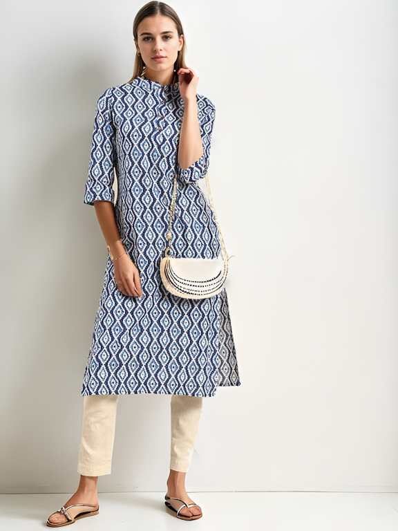 Tong Women Blue & White Ethnic Motifs Printed Kurta