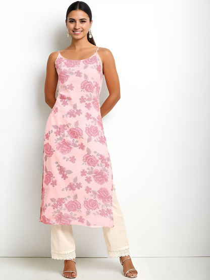 Tong Floral Printed Pure Cotton Shoulder Straps Kurta