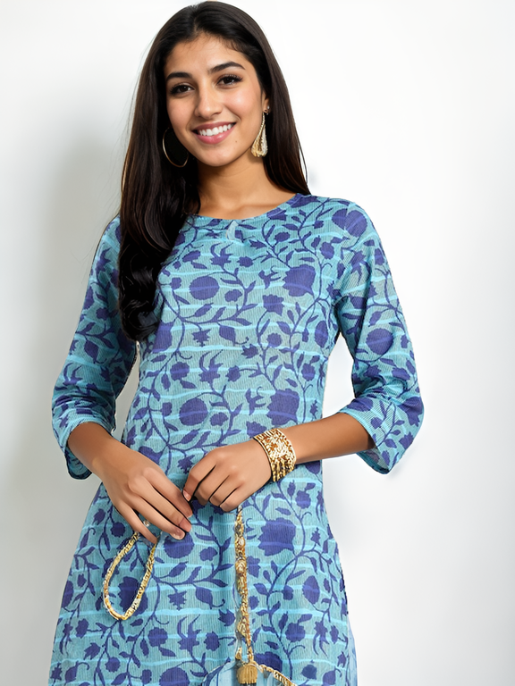 Tong Women Blue Floral Printed Pure Cotton Straight Kurta