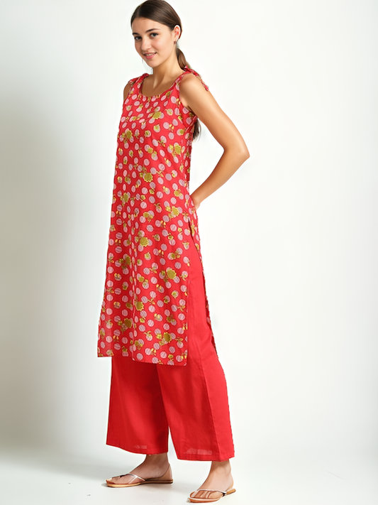 Tong Women Shoulder Straps Floral Printed Pure Cotton Kurta with Palazzos