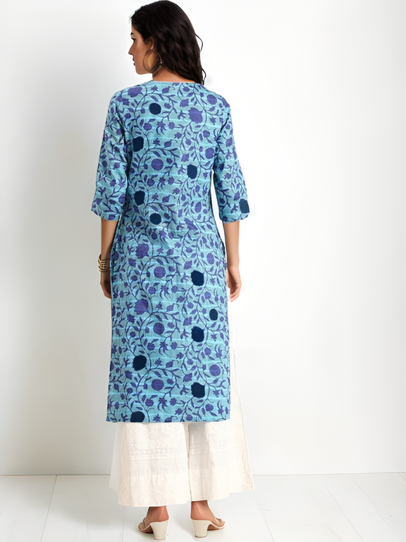 Tong Women Blue Floral Printed Pure Cotton Straight Kurta